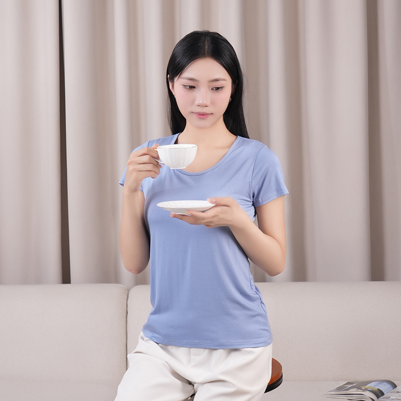Modal Padded Short-Sleeved T-Shirt Yoga Home Wear Pajama Top Women's Half-Sleeved Bra Cup All-In-One Bottoming