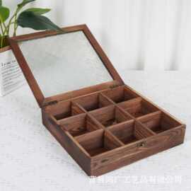 翻盖式海棠花玻璃储物盒小方格饰品整理盒实木桌面九宫格收纳盒
