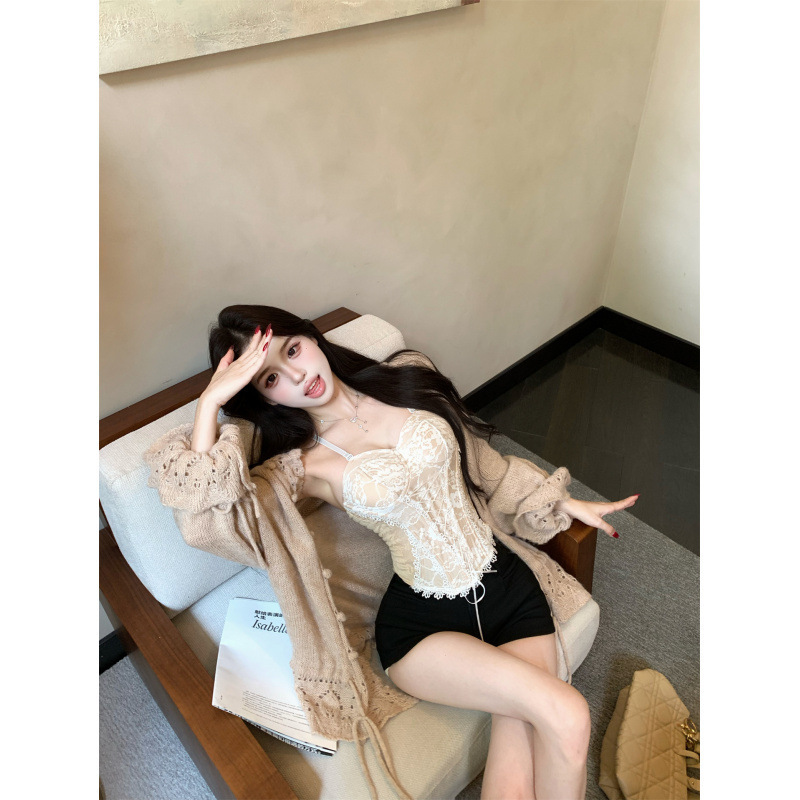 慵懒长袖针织毛衣外套蕾丝吊带背心包臀短裤三件套套装女|undefined