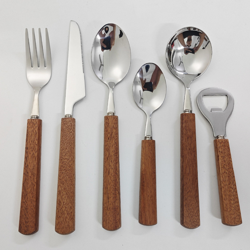 New 304 Stainless Steel Knife, Fork and Spoon Set Handmade Japanese Teak Solid Wood Soup Spoon Tableware Dessert Spoon