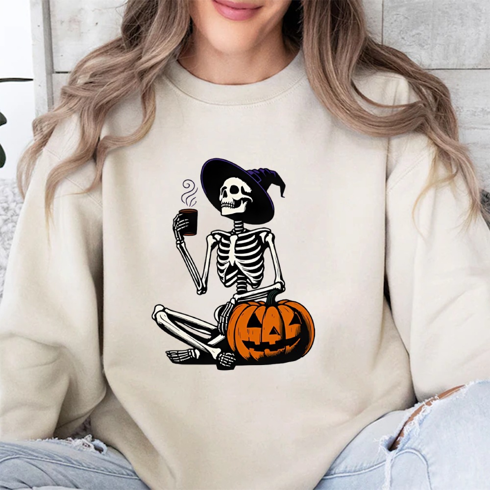 Skeleton Pumpkin Halloween Long Sleeve Top Retro Fall Coffee