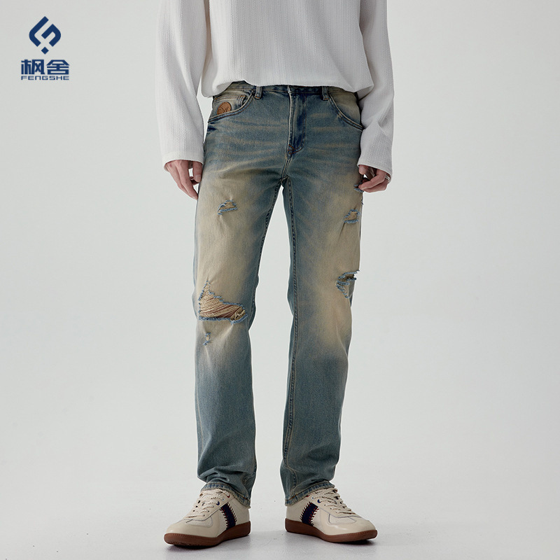 Fengshe Men's Clothing / 2026 Spring and Autumn Retro Distressed Jeans for Men, Stretch Slim Fit Tapered Pants, Vintage Trendy Ripped Long Pants