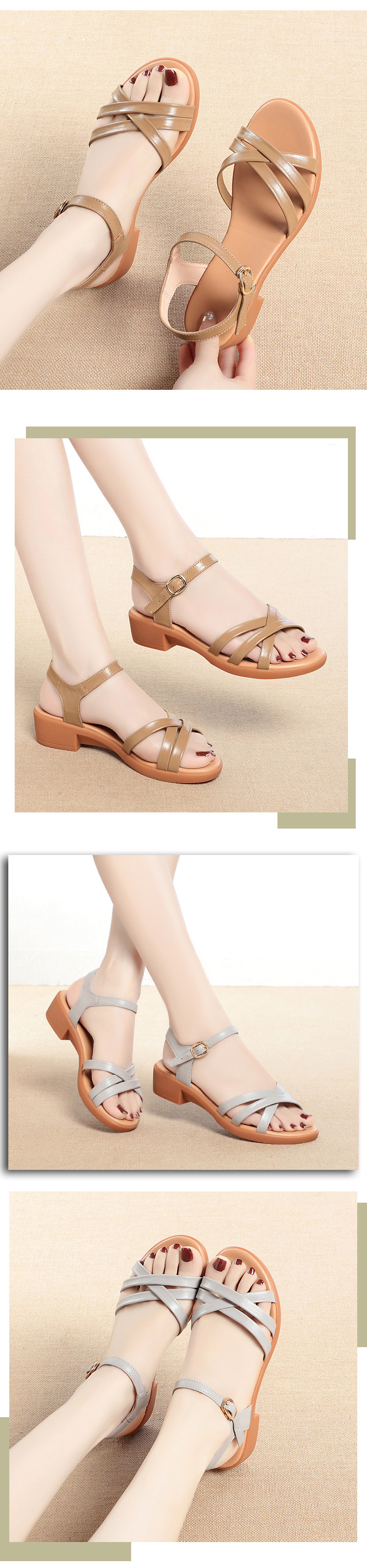 Sandal da thật nữ đế xuồng chống trượt, quai chữ V đơn giản — Màu đen chi tiết 5