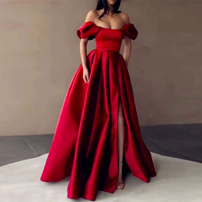 Europeo y americano Amazon AliExpress deseo nuevo vestido de cena de satén de hombro simple elegante adelgazamiento A-Line