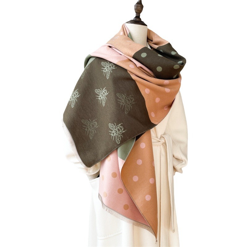 Little Bee I mitation Cashmere for Women, Thickened and Versatile Color blocked Shawl, Winter New Scarf_voghion.com