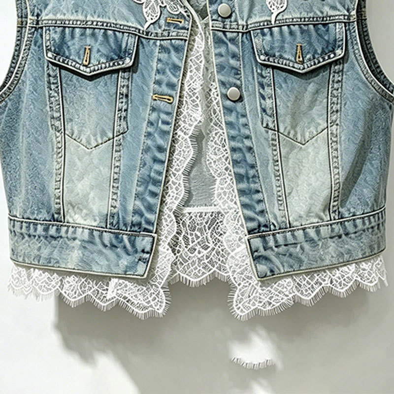 2026 primavera y verano nuevo estilo retro mano cuentas de clavos plumas encaje empalmado chaleco de vaquín camisa de mujer clip de marea image 4
