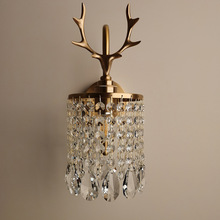 床头水晶壁灯美式全铜小鹿头可调光墙灯奢华复古客厅卧室轻奢法式