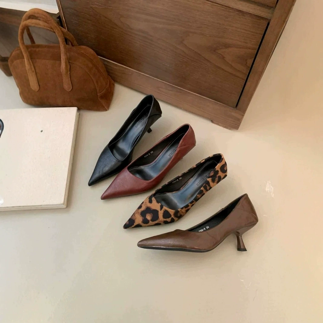 Французские ретро на каблуках с леопардовым принтом одиночные туфли женские туфли на высоком каблуке с невысоким ртом на высоком каблуке 3cm5cm рабочая обувь