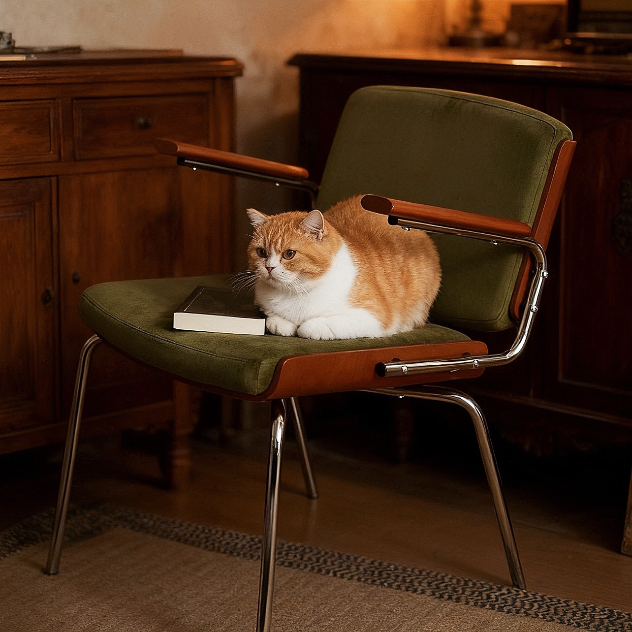 Retro-Style Solid Wood Dining Chair with Single Backrest, Casual Home Sofa Armrest Design, Study Desk, Computer Office Stool