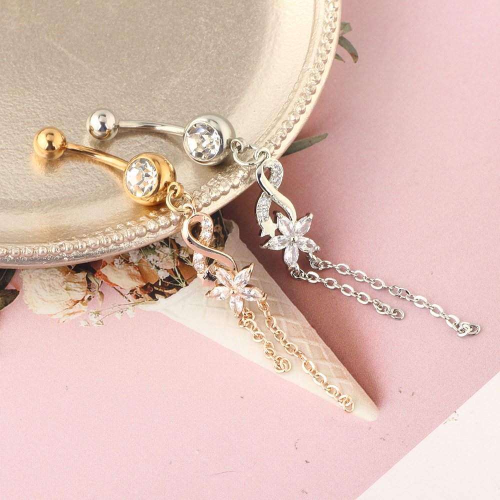 Rose Gold Zircon Flower Belly Button Ring 316L Surgical Steel Navel Piercing Jewelry detail image 8
