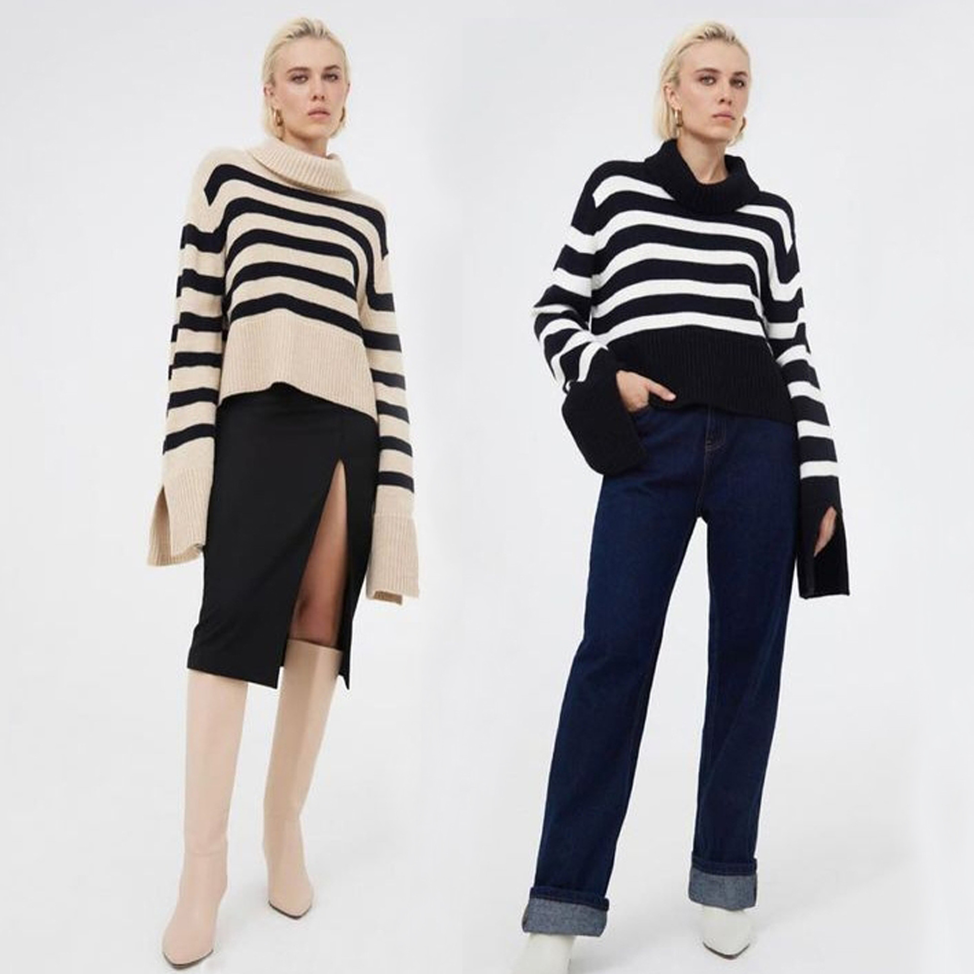 Pull décontracté pour femme avec fente aux poignets et col roulé_voghion.com
