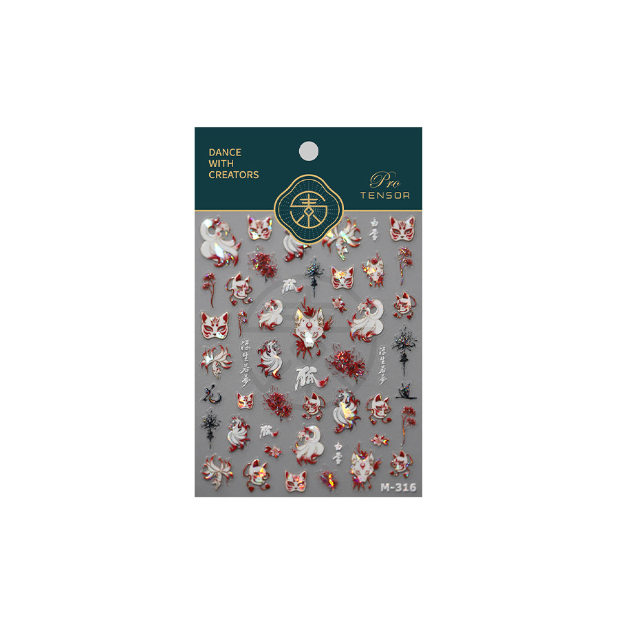 Tensor Chinese Style Red and White Laser Fox Demon Nail Stickers M316 Light Luxury Dark Style Fox Face Adhesive Nail Stickers