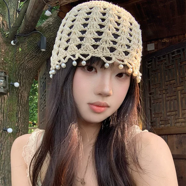 Bohemian Style Pearl Pendant Hollow Beanie Women's Summer Thin Hat Retro Face-Showing Small Knitted Pullover Hat