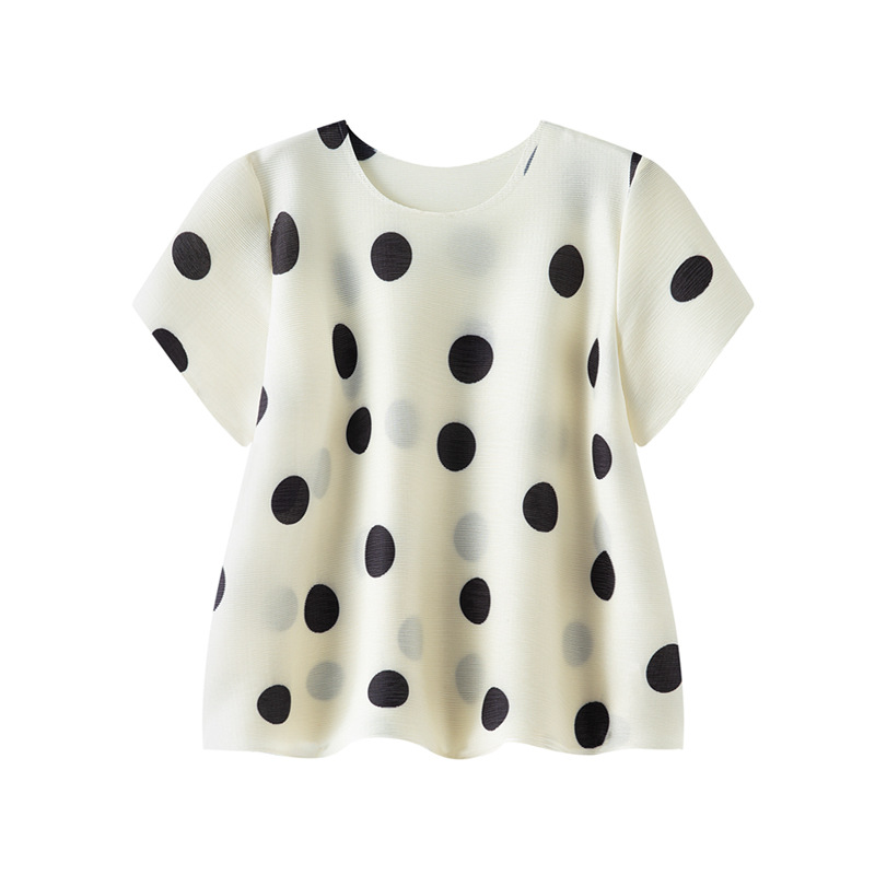 Miyake round neck polka dot short-sleeved shirt for women in summer…