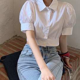 泡泡袖衬衫女夏季新款感小众白色衬衣短款韩版宽松辣妹风上衣包邮