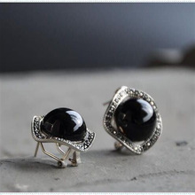s925银耳环泰国复古银匠手工天然黑玛瑙气质简约耳扣耳钉