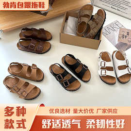 新款牛皮软木水台博肯鞋包跟拖鞋外穿平底露趾调节扣一字凉鞋