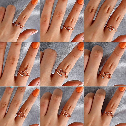 Japanese and Korean Minimalist Twelve Constellation Ring, Instagram Style Creative Fashion Copper Inlaid Zirconia Open Ring, Birthday Gift