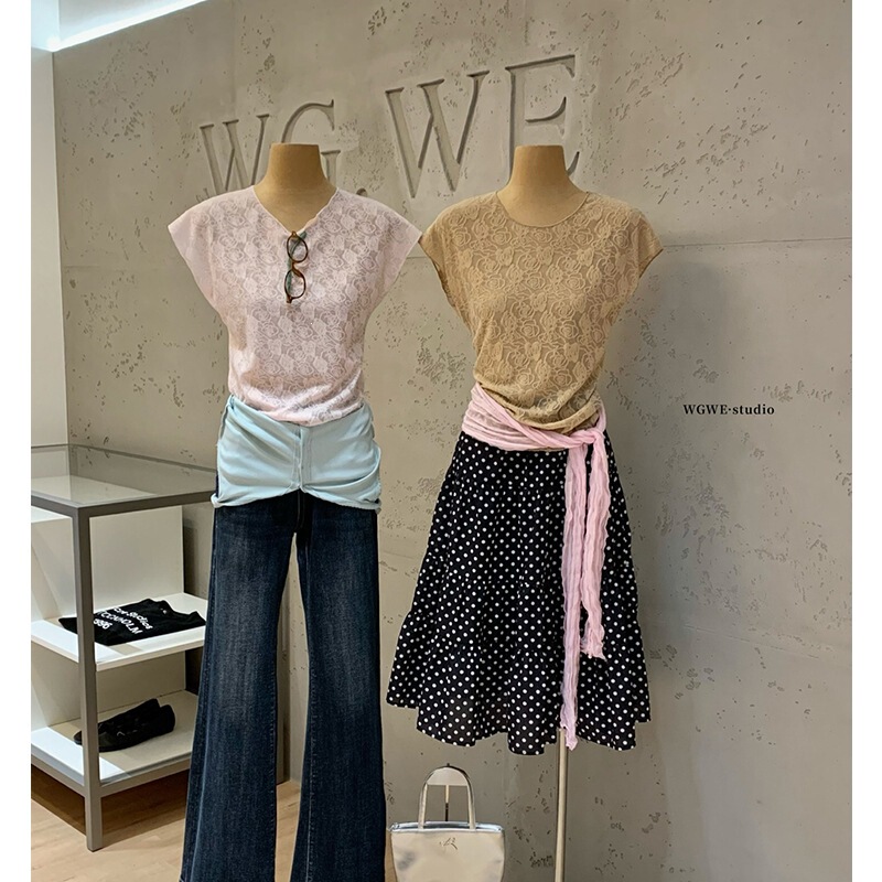 Wgwe9672 Korean Style Slim Fit Round Neck Lace Rose Crochet Design Short-Sleeved Top