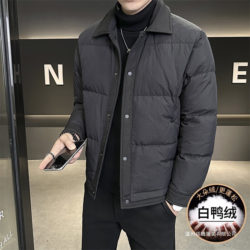 National Standard 50 White Duck down Designer Style Lapel Fake Two-Piece Men's down Jacket, Fashionable and Stylish Coat in Gray, Green, and Black