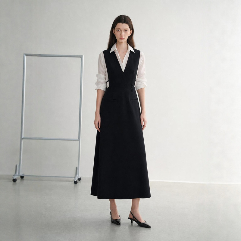 Simple and elegant deep V-neck black sleeveless dress with a high waistline that makes you look taller and slimmer, suitable for both inner and outer wear in autumn Simple and elegant deep V-neck black sleeveless dress with a high waistline that makes you look taller and slimmer, suitable for both inner and outer wear in autumn