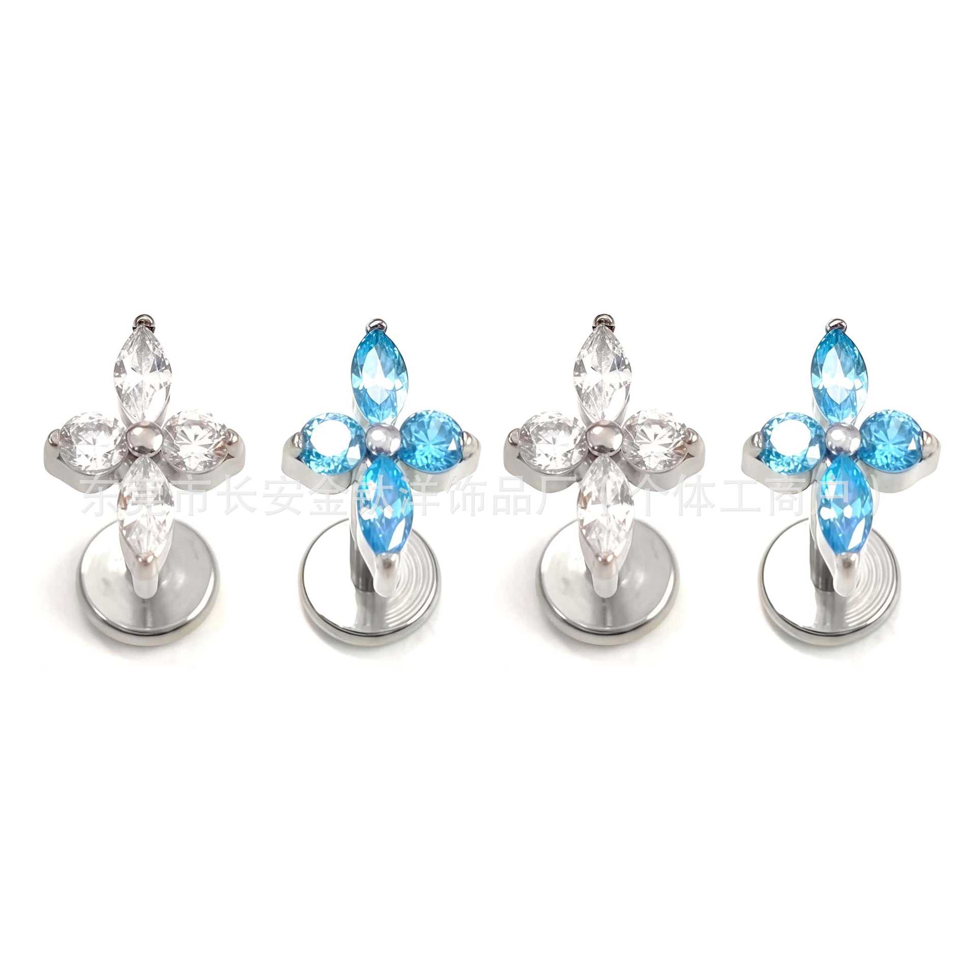 F136 Titanium Cross Four-Leaf Clover 5A Zircon Earrings Labret Studs G23 Titanium Piercing Jewelry detail image 8