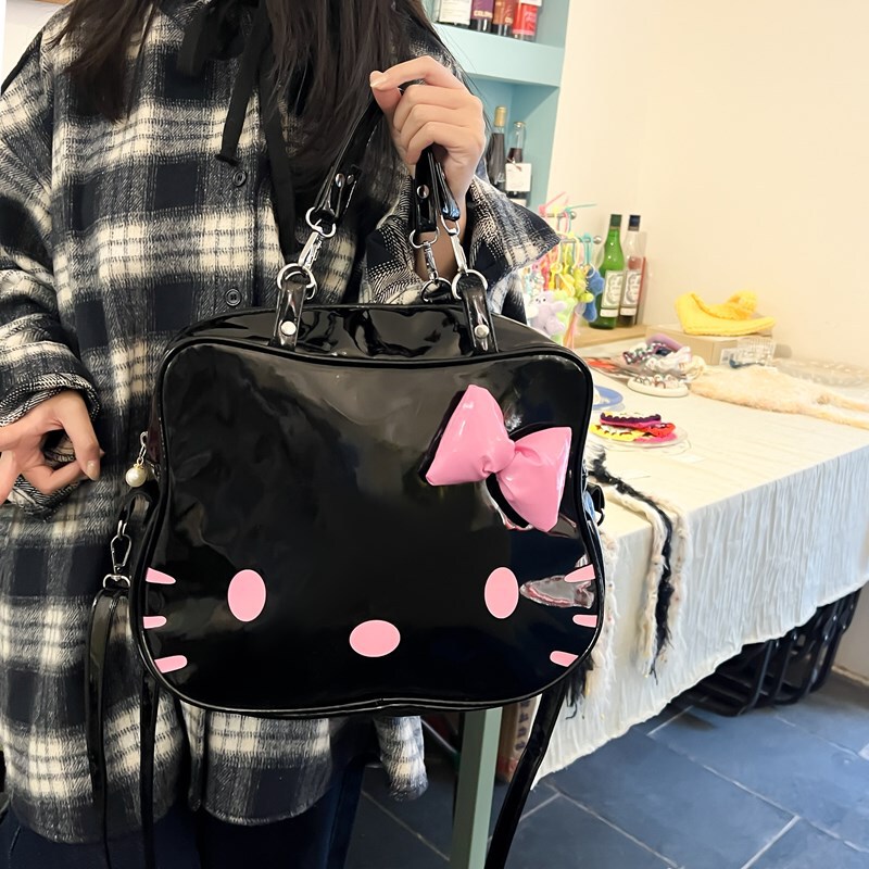 Dark Style Cute Kitten Backpack, College Style Large Capacity Crossbody Bag, Pu Leather Glossy Fashion Commuter Tote Bag