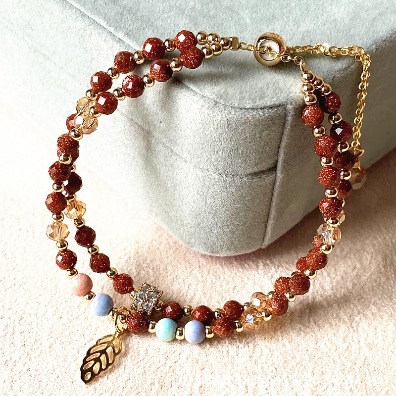 Guofeng gold sand stone cut surface with rainbow stone double ring bracelet niche design flash red jewelry wholesale