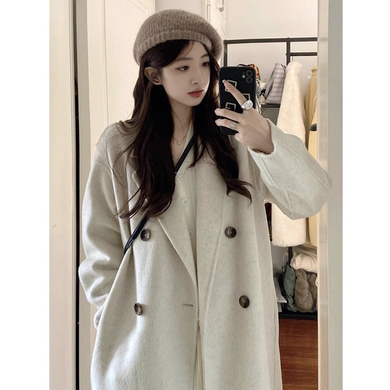 Petite Versatile Double-Sided Wool Coat for Women, Long Loose Slimming Korean Style Wool Double-Sided Simple Coat for Women