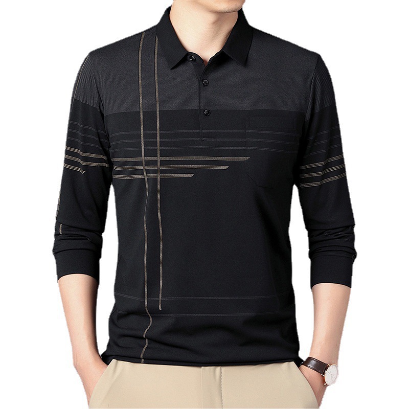 Primavera y otoño Camiseta de manga larga solapa de los hombres de mediana edad bolsillo transfronterizo bottoming pullover Camiseta polo camisa de los hombres