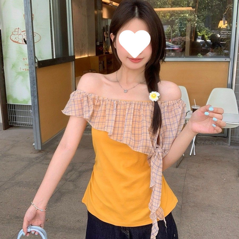 夏の女性用フレンチイエローチェック柄ワンショルダーTシャツ、甘くてホットな女の子のウエスト痩身、シックなオフショルダーデザイントップ|undefined