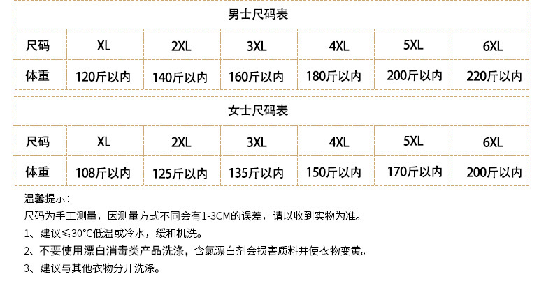 成人尺码表