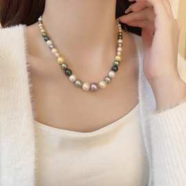 贝母珍珠 6-12mm大颗正圆贝珠项链塔链混彩渐变项链 送妈妈送女友