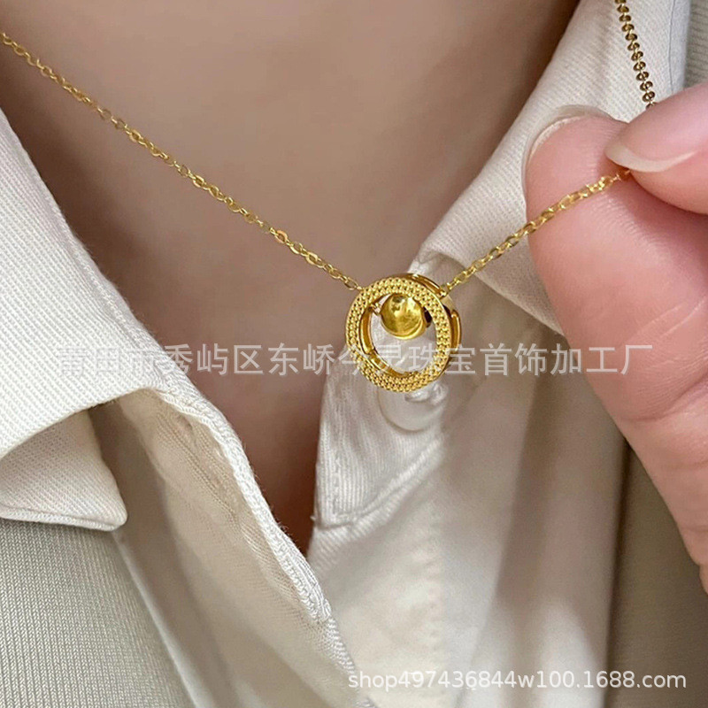 周家大福圓環貓眼項鍊越南沙金圓圈轉運珠吊墜黃銅鍍金時尚鎖骨鏈