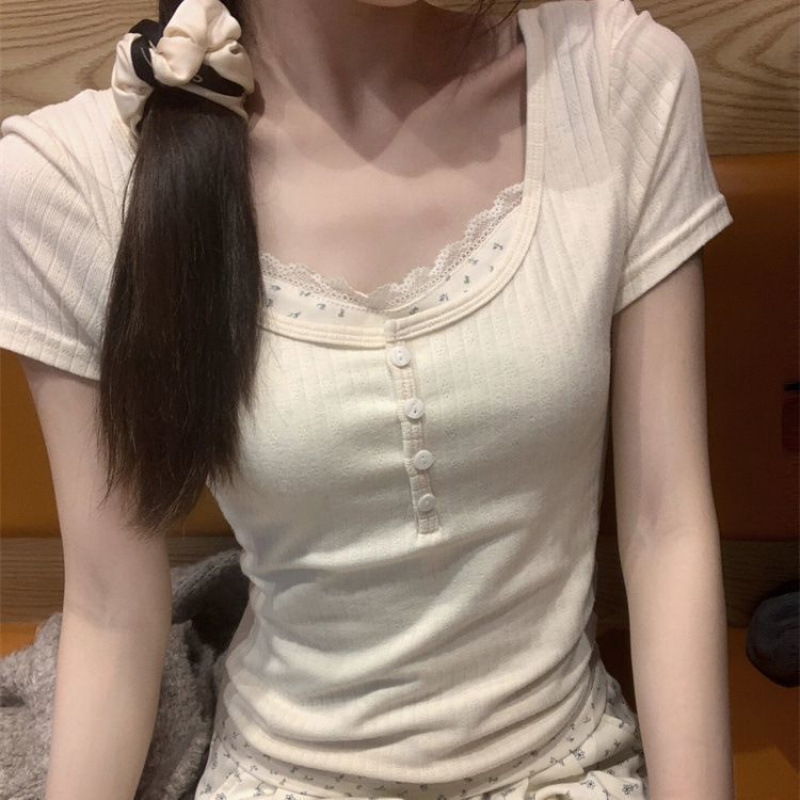 假两件花边短袖恤女夏季设计感小众修身显瘦甜辣妹短款修身上衣|undefined