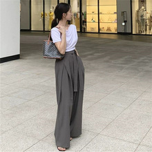 灰色高腰系带窄版西装阔腿裤女夏季宽松休闲垂感直筒拖地长裤裤子
