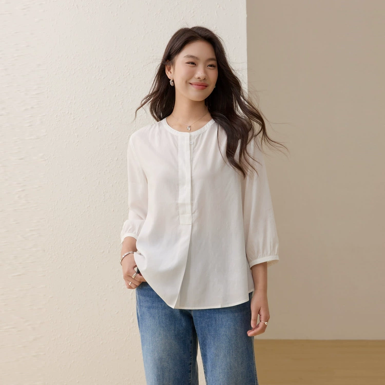 [Легкая рубашка с кондиционером с семью рукавами, рубашка с круглым вырезом] Funny Show большой размер женский толстый mm2025 весенний новый