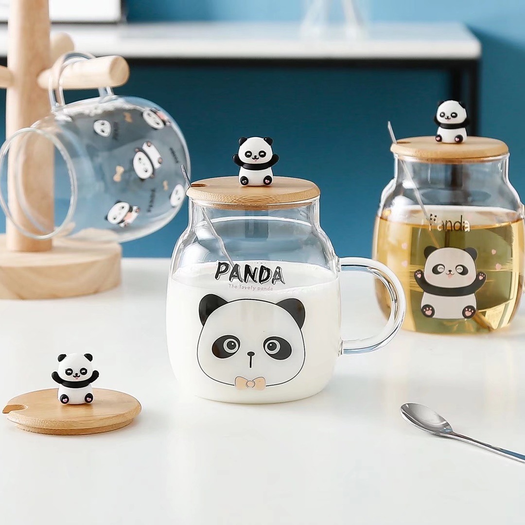 Personalidad creativa lindo Panda de dibujos animados vidrio con tapa cuchara muñeca desayuno taza animal Tesoro Nacional Agua