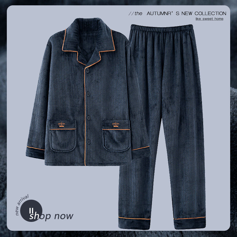 Pajamas Men's Winter Thickeneded Fleece-Lined Coral Velvet Warm Flannel Autumn and Winter Large Size Men's Home Wear Set Pajamas Men's Winter Thickeneded Fleece-Lined Coral Velvet Warm Flannel Autumn and Winter Large Size Men's Home Wear Set