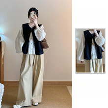 早秋穿搭一整套女韩系复古牛仔马甲背心绣花衬衫宽松垂直感裤子潮