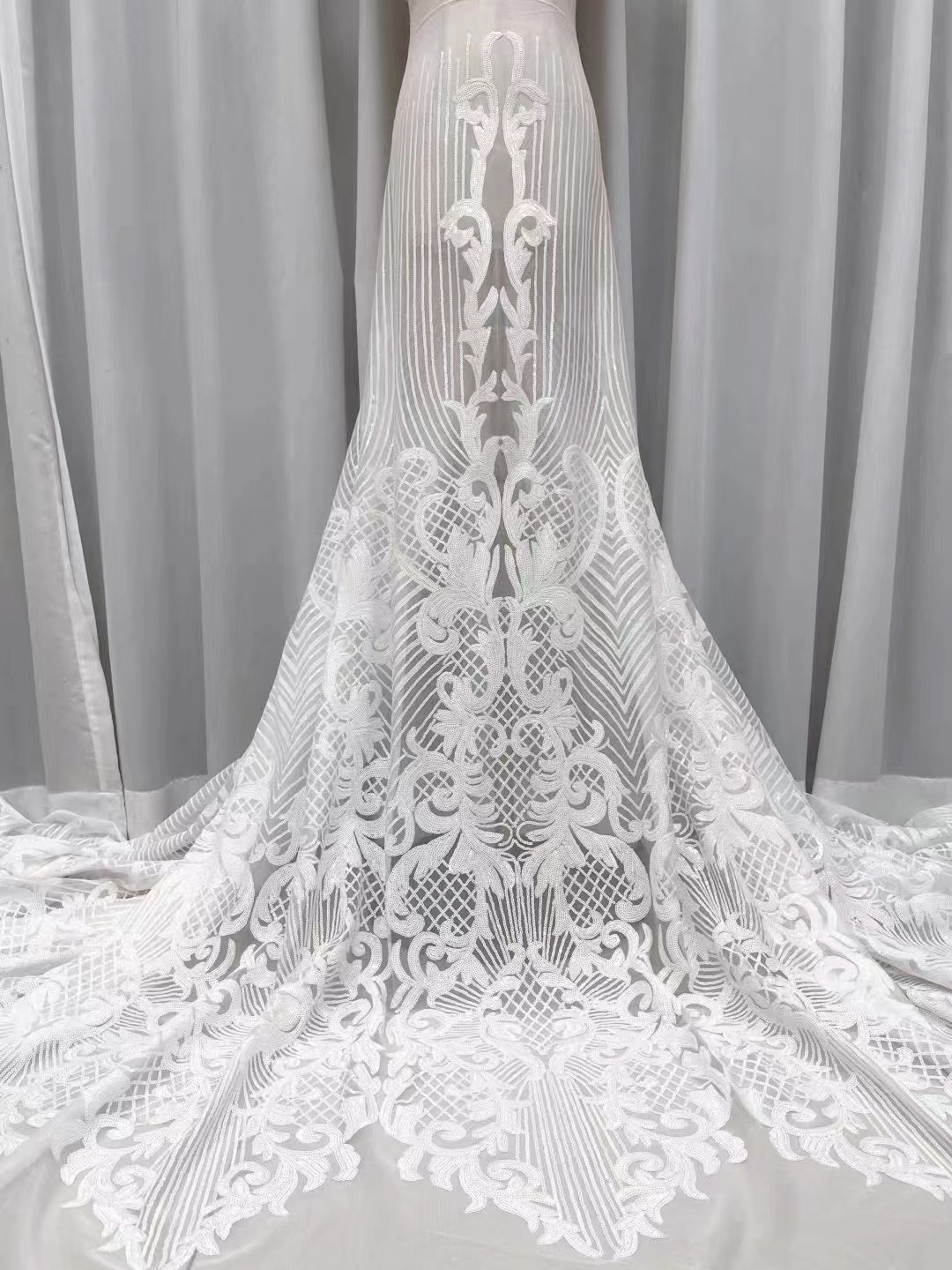 Lentejuelas tela de encaje africano europeo y americano vestido de novia moda bordado tela de encaje de lentejuelas JX1296