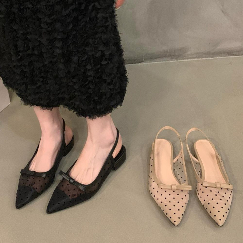 夏季高跟鞋可爱圆点单鞋尖头蝴蝶结包头外穿网纱通勤女鞋尖头设计