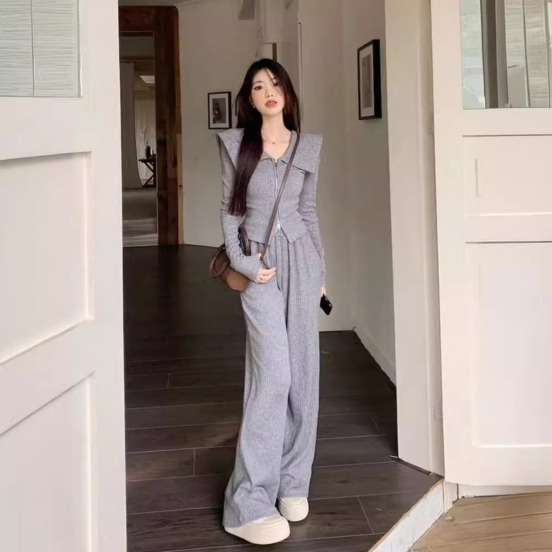 2024 Autumn and Winter New Doll Collar Fashion Suit Women's Slim Fit Lapel Jacket Casual Wide Leg Pants Two-Piece Set