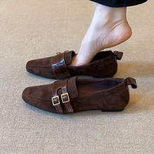 现货复古方头浅口皮带扣小皮鞋真皮小单鞋休闲平底一脚蹬乐福鞋女