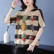 跨境春夏新款亚马逊女装上衣宽松圆领毛衣花朵印花短袖t恤女大码