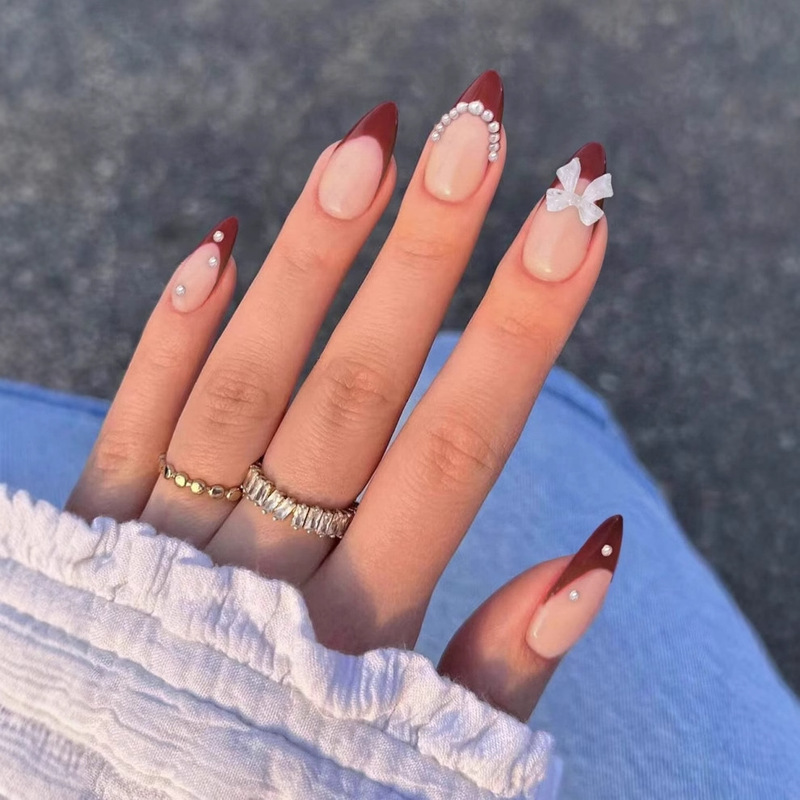 INS Valentine's Day Explosions European and American wine red Nail Stickers Almond Wine Red French Pearl Bow Manicure 24 Pieces