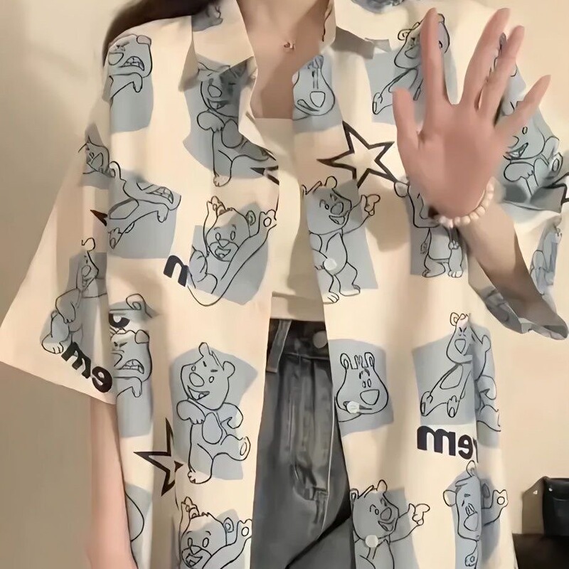 Japanese Anime Printed Shirt Summer Autumn Women Short Sleeve Elastic Thin Cartoon Animal Print Tops Loose T-Shirt