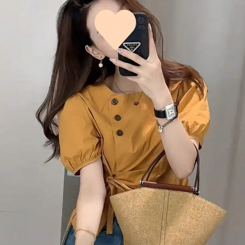 Women's Summer New Square Neck Tie Belt Fashion Casual Unstructured Bubble Sleeve Blouse
