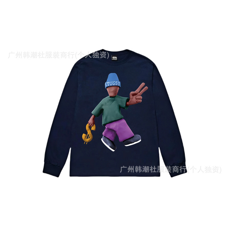 25S跨境斯图西长袖印花t恤美式潮牌STUSSY圆筒布休闲宽松男女同款|undefined