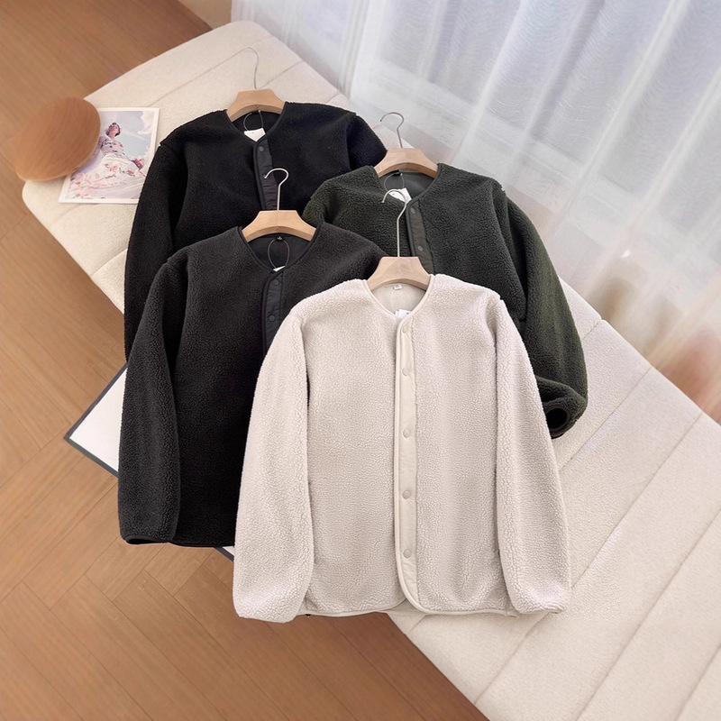 Japanese Style Couple's Simple Autumn and Winter Faux Lamb Wool Composite Fleece Long-Sleeve Single-Breasted Cardigan Jacket for Women